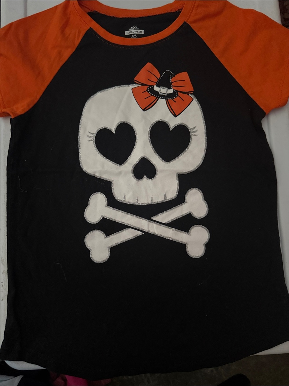 Halloween Skull Bow Raglan Tee - Orange & Black size 10/12